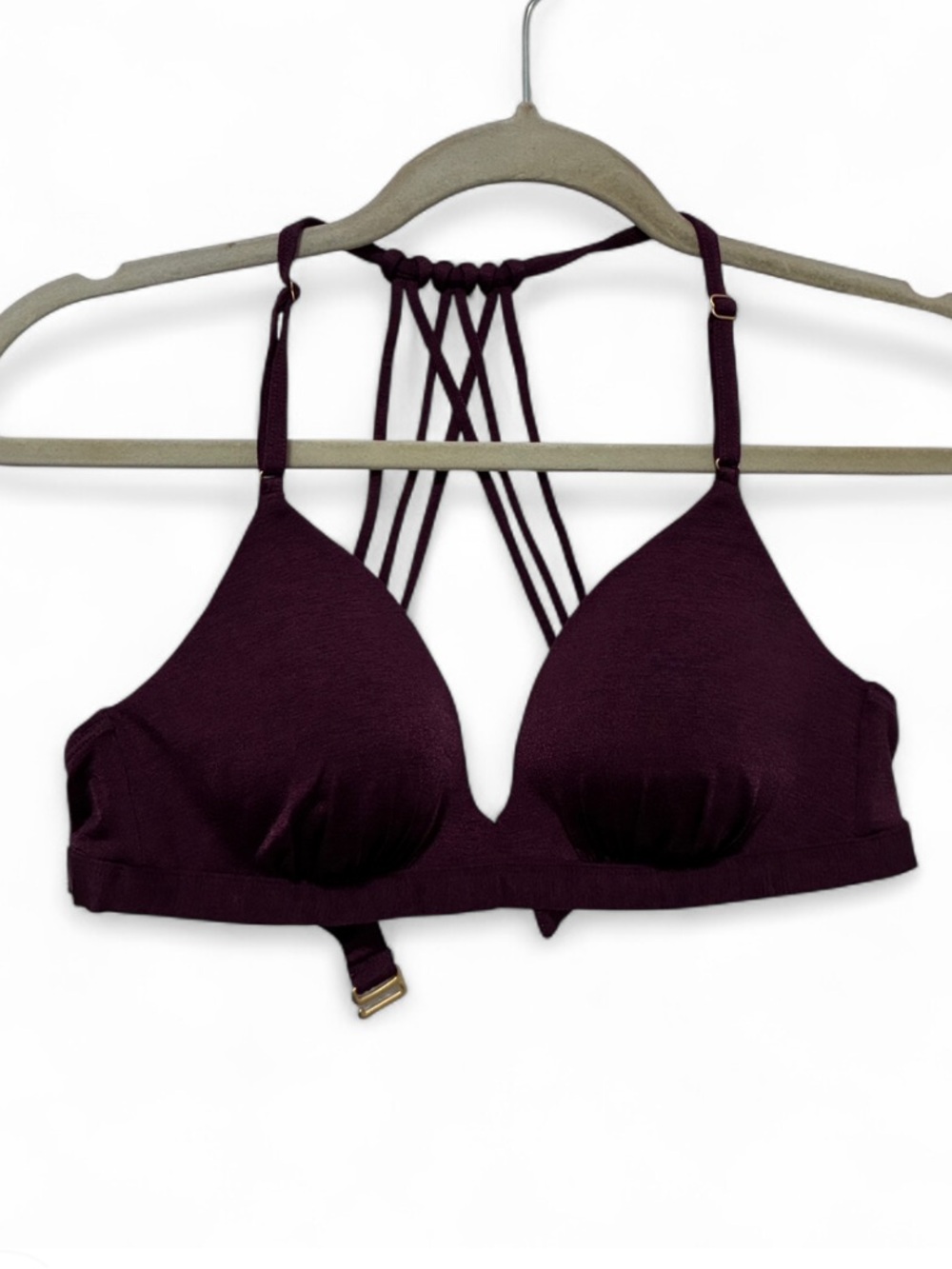 Athleta Aqua Lux Molded Strappy Plunge Bikini Top in Wine Red Purple